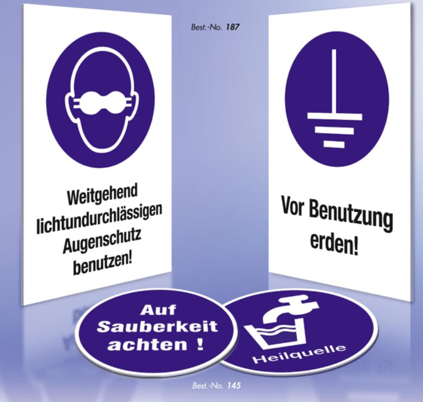 Katalogseite Gebotszeichen: Augenschutz benutzen, vor Benutzung erden