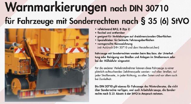 Katalogseite Warnmarkierungen nach DIN 30710 für Fahrzeuge mit Sonderrechten