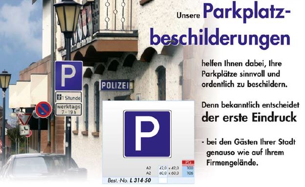 Katalogseite Parkplatzbeschilderungen mit Parkschildern