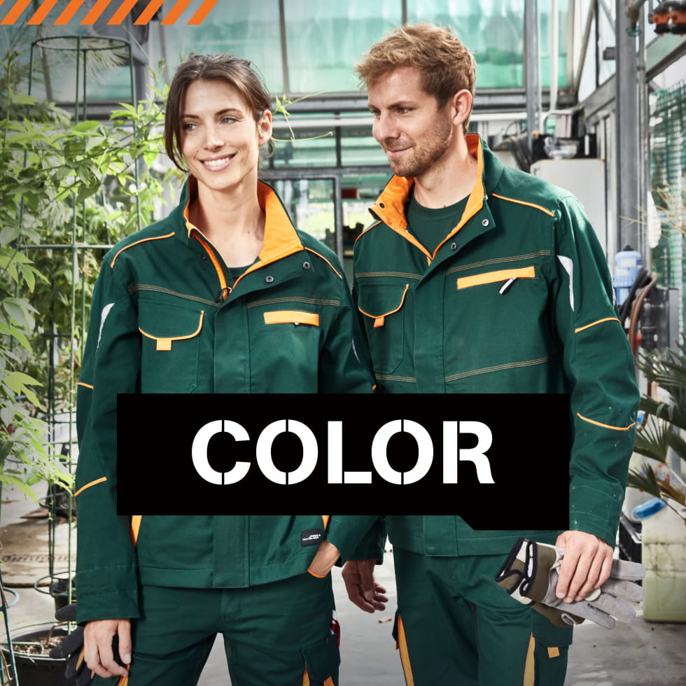 Grüne Arbeitskleidung der Kollektion Color an Frau und Mann