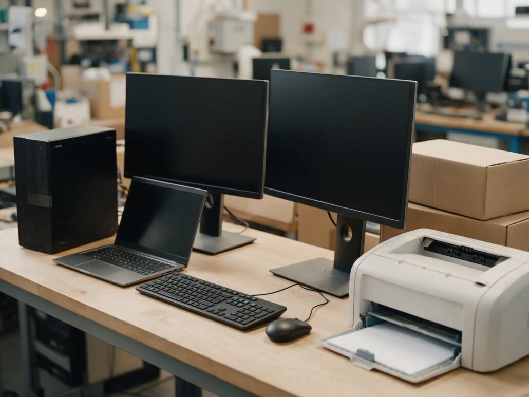 Arbeitsplatz-Hardware: PC, Notebook, zwei Monitore, Tastatur und Laserdrucker auf der Werkbank vor der Auslieferung
