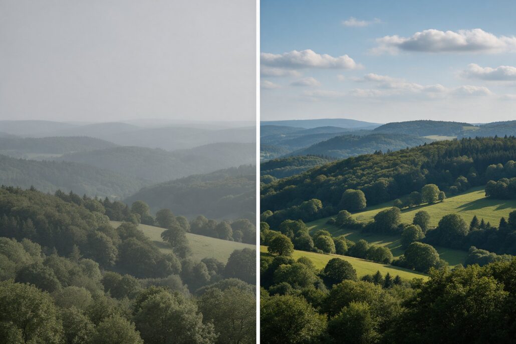 Bildbearbeitung: Landschaftsfoto vorher und nachher mit Farbkorrektur