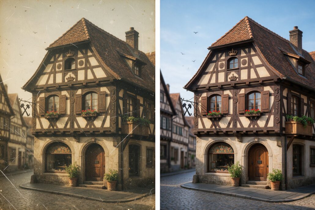 Bildbearbeitung: altes Foto eines Fachwerkhauses vorher und nachher restauriert