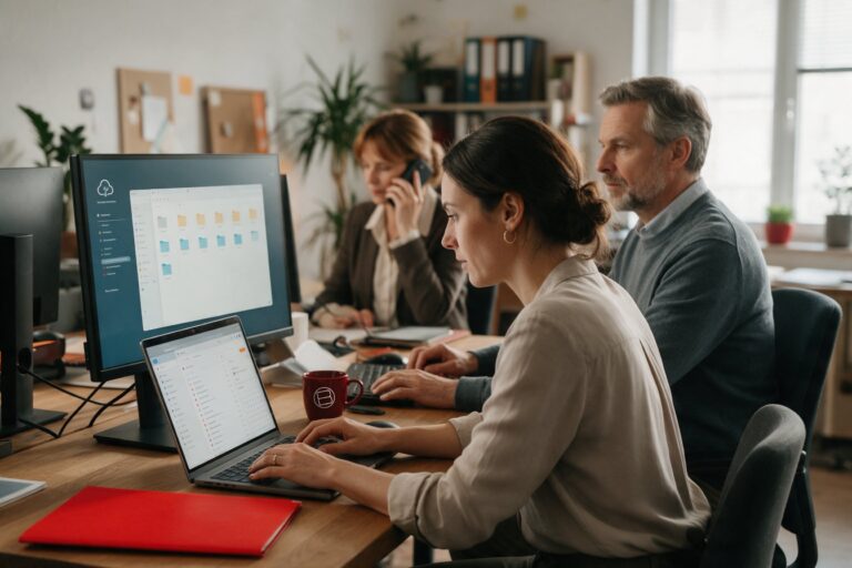 E-Mail und Cloudspeicher im Büroalltag: Team arbeitet mit Postfach und Dateien aus der Cloud
