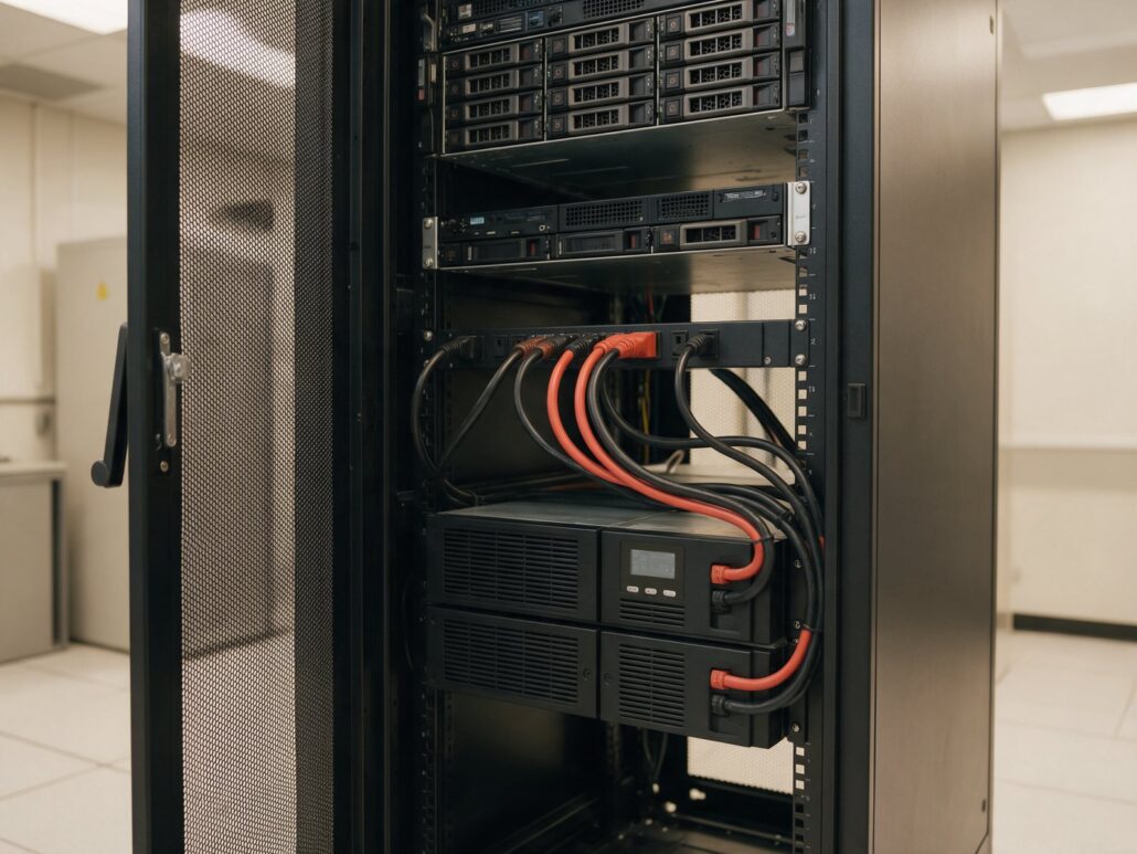 Eaton-USV: USV mit Batteriemodul im unteren Teil eines Serverschranks, darüber Server