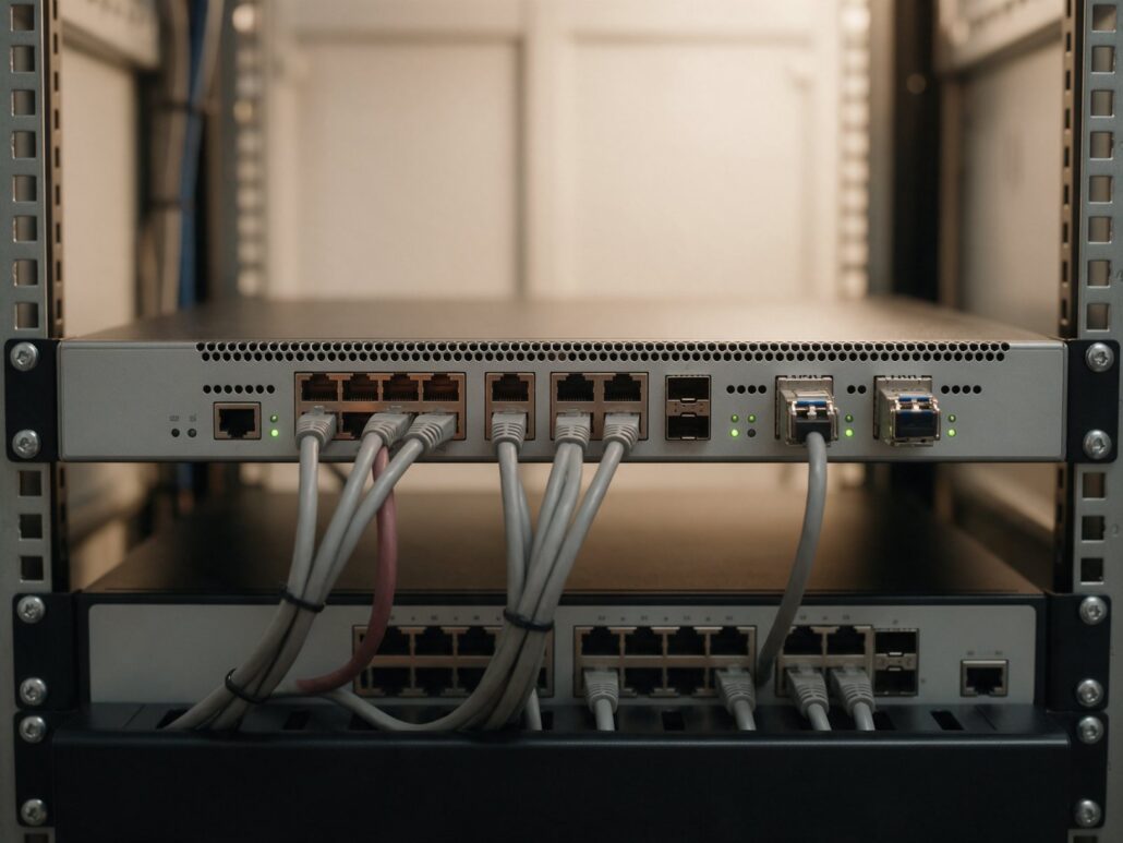 Fortinet-Lösungen: Firewall mit Kupfer- und Glasfaseranschlüssen über einem Switch im Serverschrank