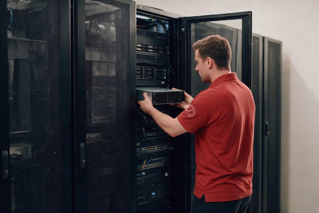 Fujitsu-Lösungen: Techniker im roten Poloshirt schiebt einen Rackserver in einen Serverschrank