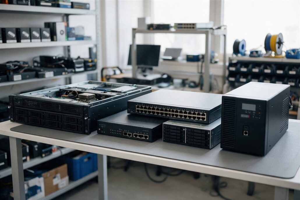 Hersteller und Partner: Server, Firewall, Switch, Storage und USV für ein Kundenprojekt auf dem Arbeitstisch der IT-Werkstatt