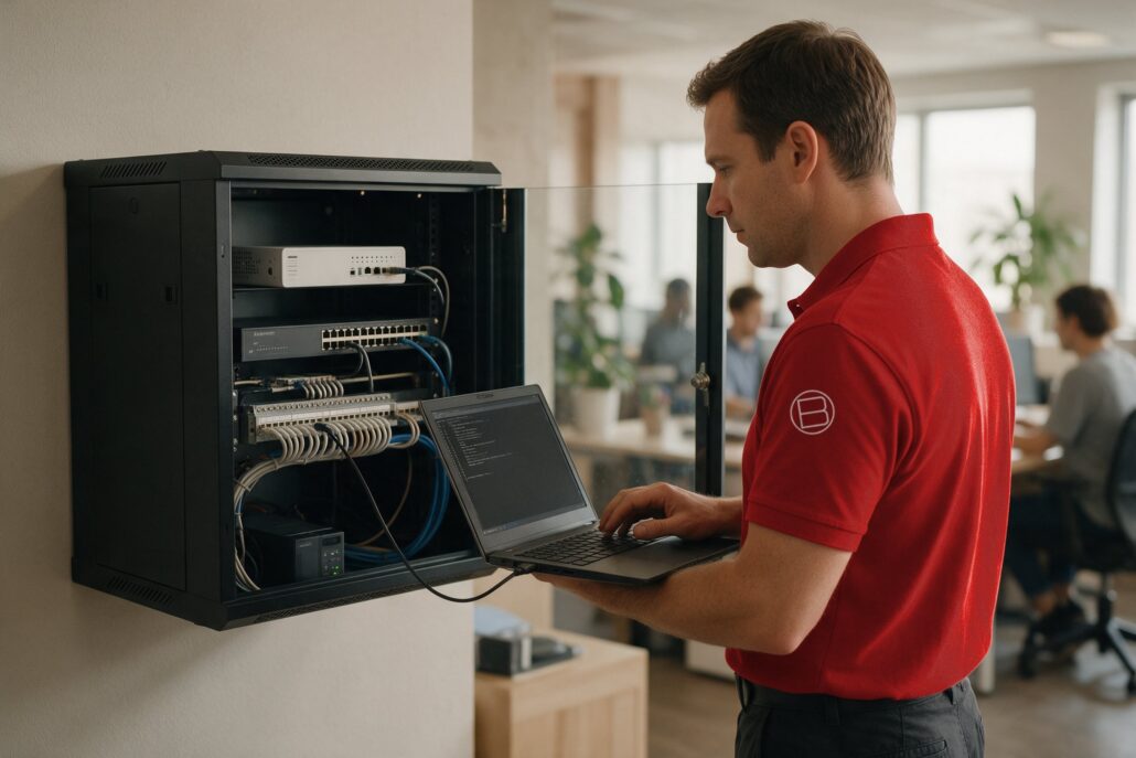 IT-Betreuung vor Ort: Techniker im roten Poloshirt konfiguriert Firewall und Switch im Netzwerkschrank des Kunden