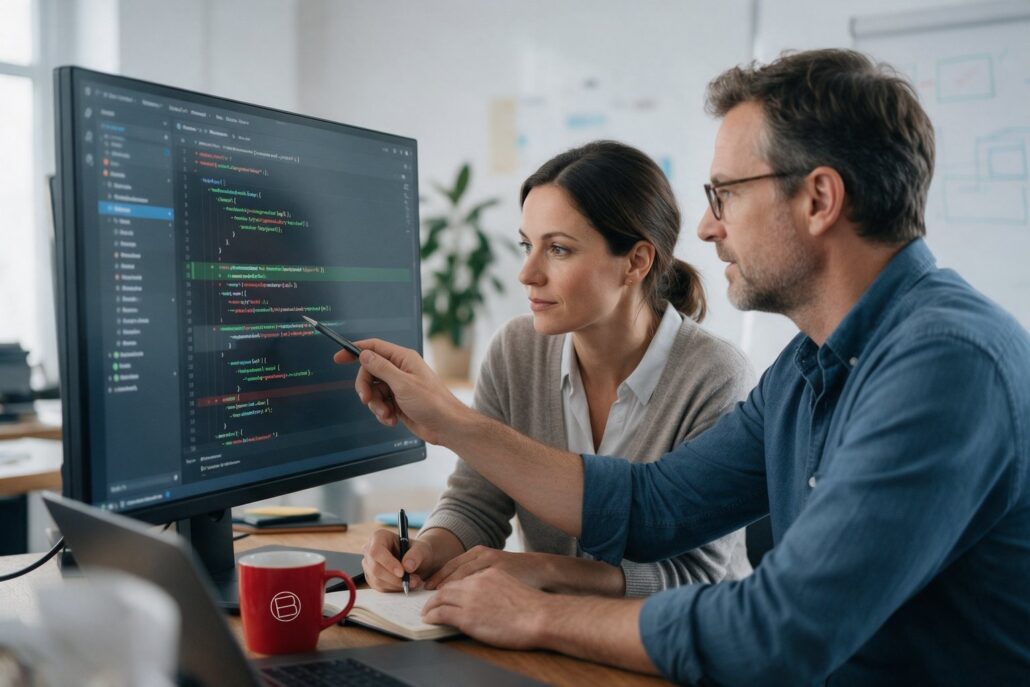 KI-Code-Review: Entwicklerin und Entwickler prüfen gemeinsam einen Code-Diff im dunklen Editor