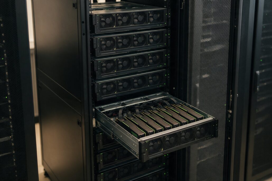 KI-Hosting: GPU-Server mit acht Grafikbeschleunigern im Serverschrank