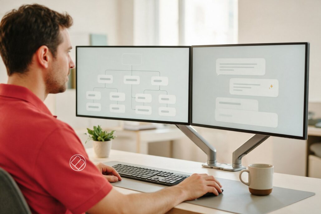 Websites für die KI-Suche: Webentwickler im roten Poloshirt am Schreibtisch mit zwei Monitoren, links eine Seitenstruktur als Baumdiagramm, rechts ein Antwortfenster einer KI-Suche