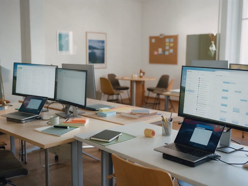 Microsoft 365: Büroarbeitsplätze mit Notebooks an Dockingstationen und Monitoren mit Postfach und Kalender