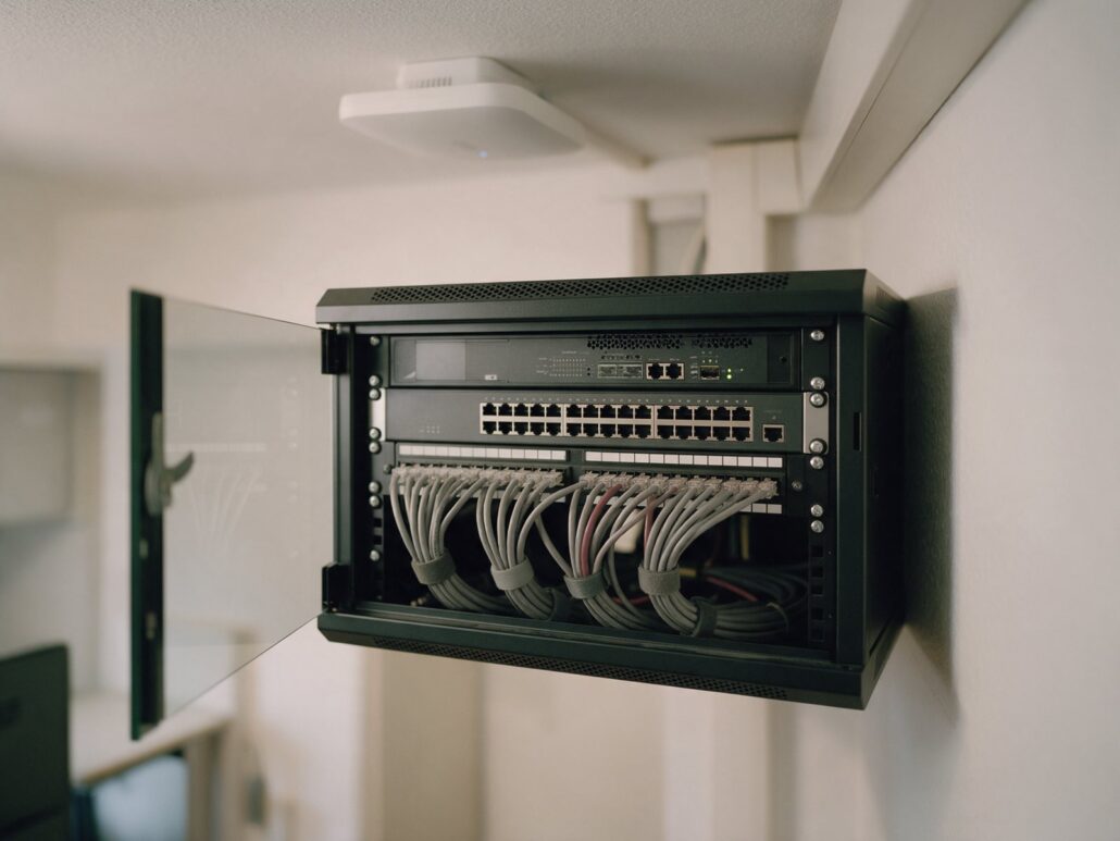 Netzwerk & WLAN: Netzwerkschrank mit Firewall, Switch und Patchfeld, darüber ein WLAN-Access-Point an der Decke