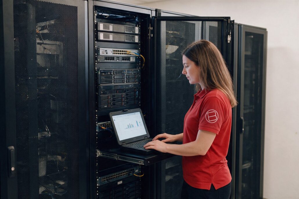 Proxmox-Lösungen: Technikerin im roten Poloshirt prüft am offenen Serverschrank ein Cluster-Dashboard auf dem Laptop