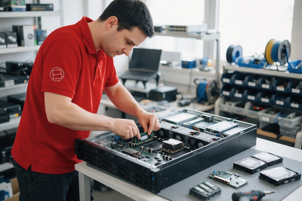 Root-Server nach Maß: Techniker im roten Poloshirt bestückt in der IT-Werkstatt einen Server mit Arbeitsspeicher