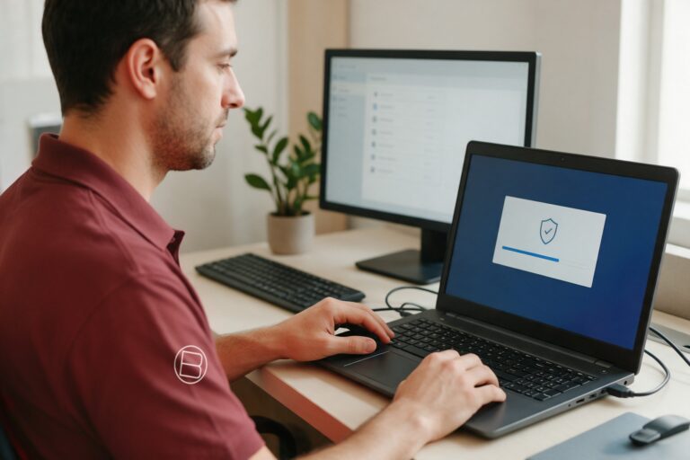 Sicherheitsupdates: Techniker installiert Updates auf einem Notebook am Arbeitsplatz