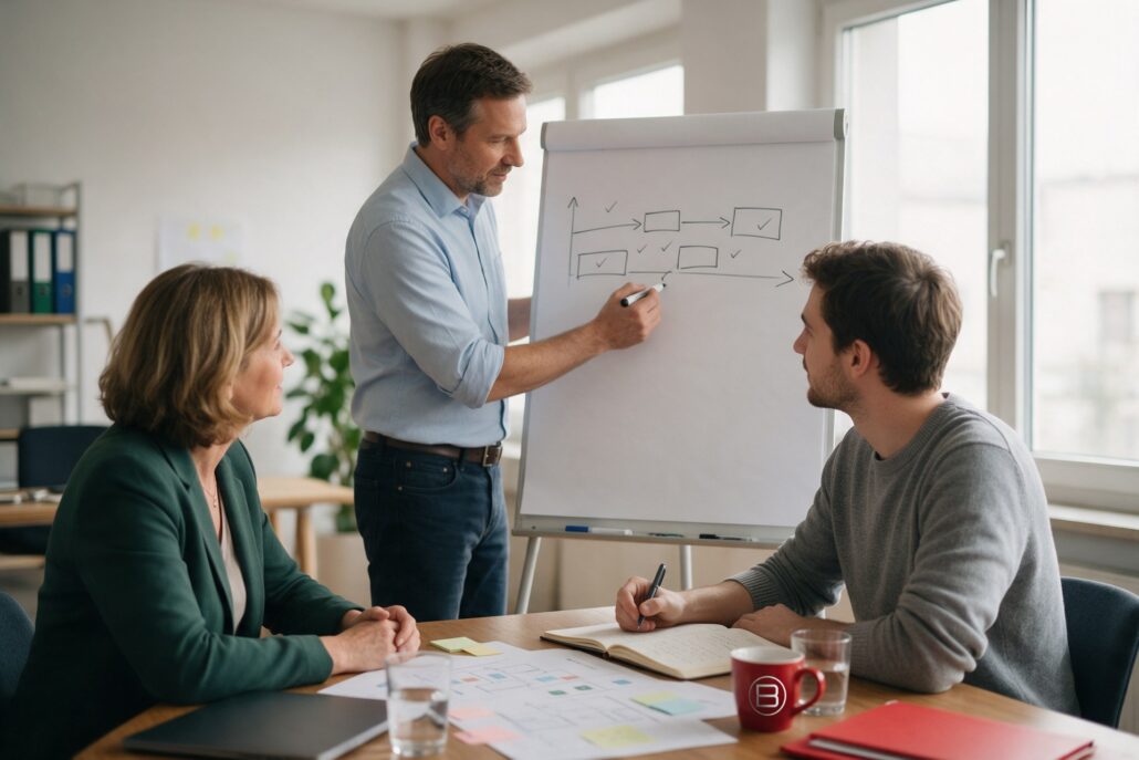 Softwareentwicklung: Projektleiter skizziert mit Kundin und Entwickler den Ablaufplan am Flipchart