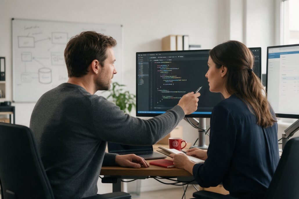 Softwareentwicklung: zwei Entwickler besprechen Quellcode am Monitor, dahinter ein Whiteboard mit Architekturskizze