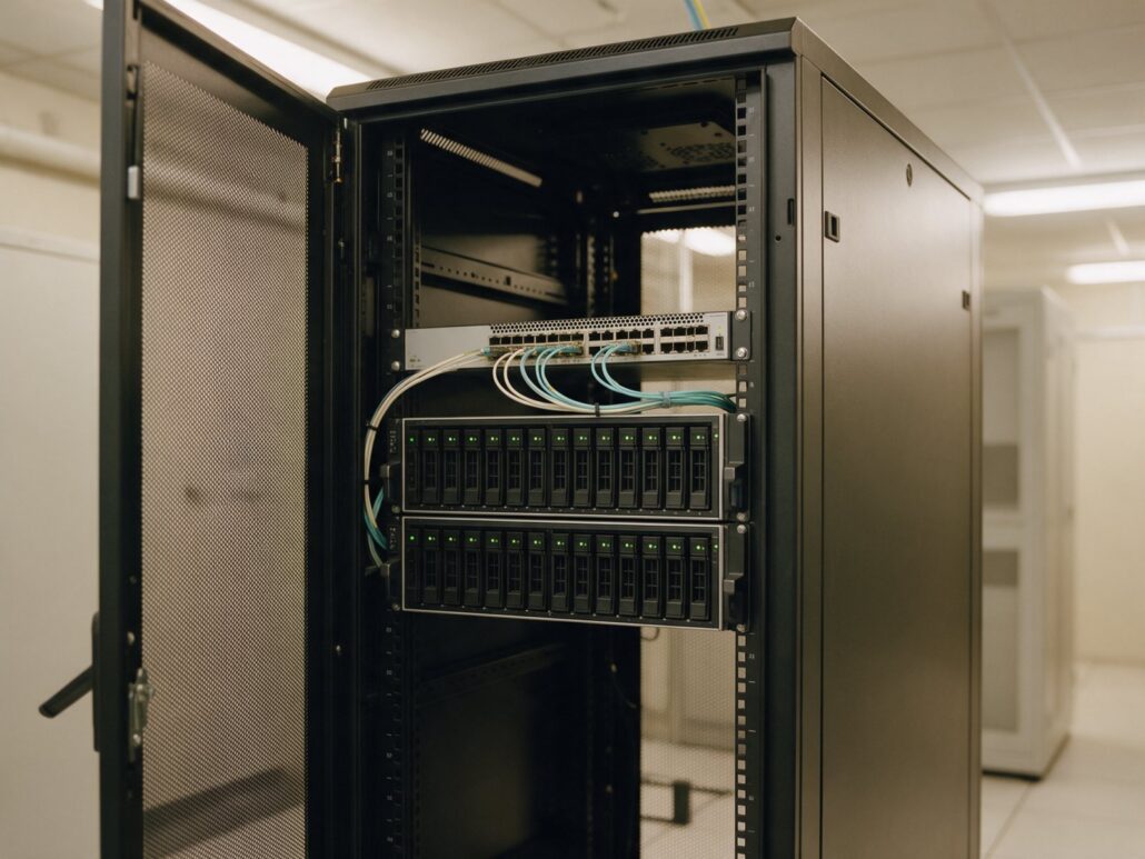 Synology-Lösungen: zwei Storage-Systeme mit Festplatteneinschüben als Hochverfügbarkeitspaar im Serverschrank