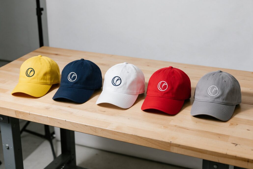 Caps: Basecaps in fünf Farben mit Logo auf einer Werkbank