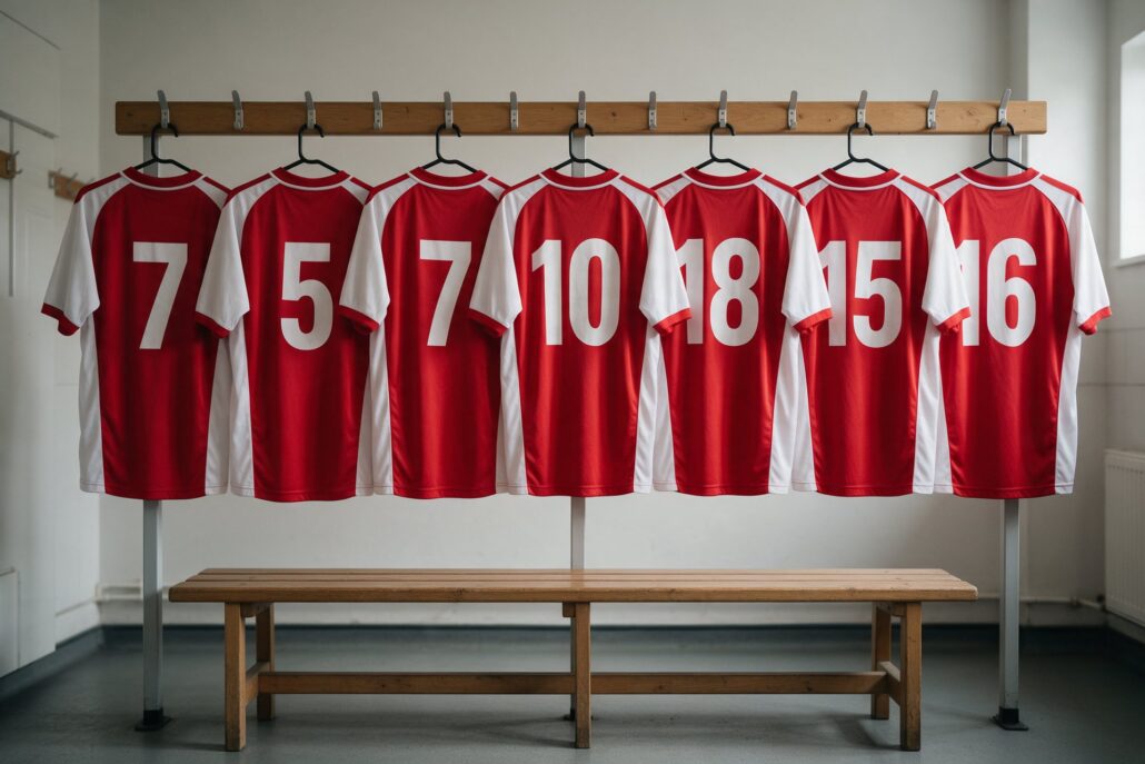 Textildruck: rot-weiße Fußballtrikots mit Rückennummern in der Kabine