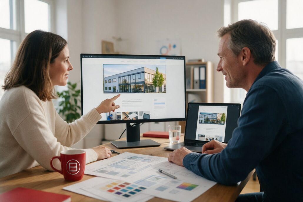 Website-Erstellung: Webdesignerin zeigt einem Kunden den Entwurf seiner Website auf Monitor und Laptop