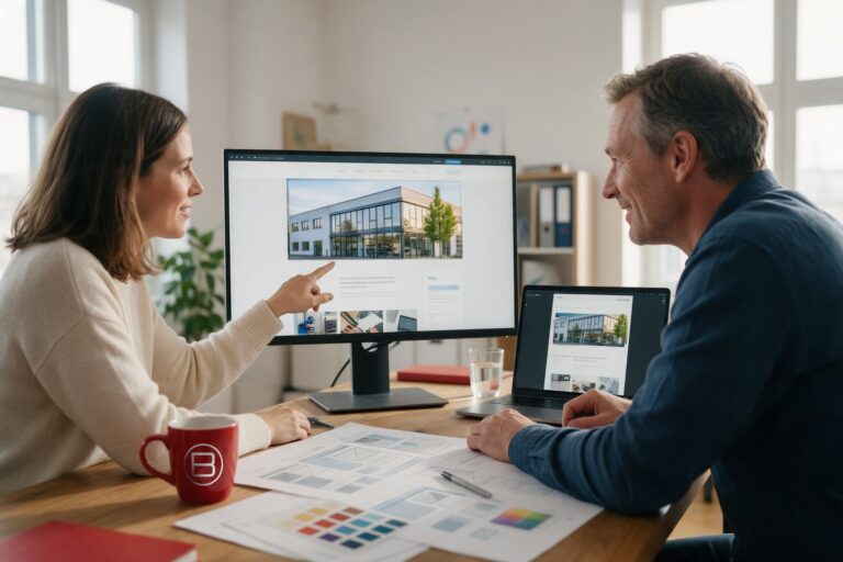 Website-Erstellung: Webdesignerin zeigt einem Kunden den Entwurf seiner Website auf Monitor und Laptop