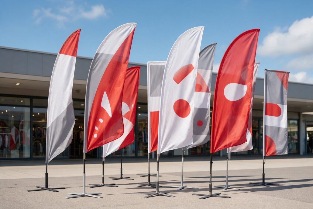 Beachflags: bedruckte Beachflags in verschiedenen Formen vor einem Geschäft