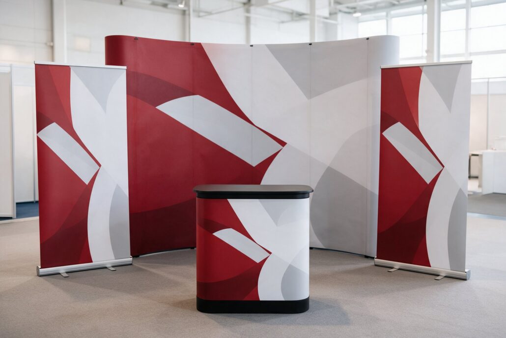 POS & Messeprodukte: Messestand mit gebogener Faltwand, Theke und zwei Roll-ups in Rot und Weiß