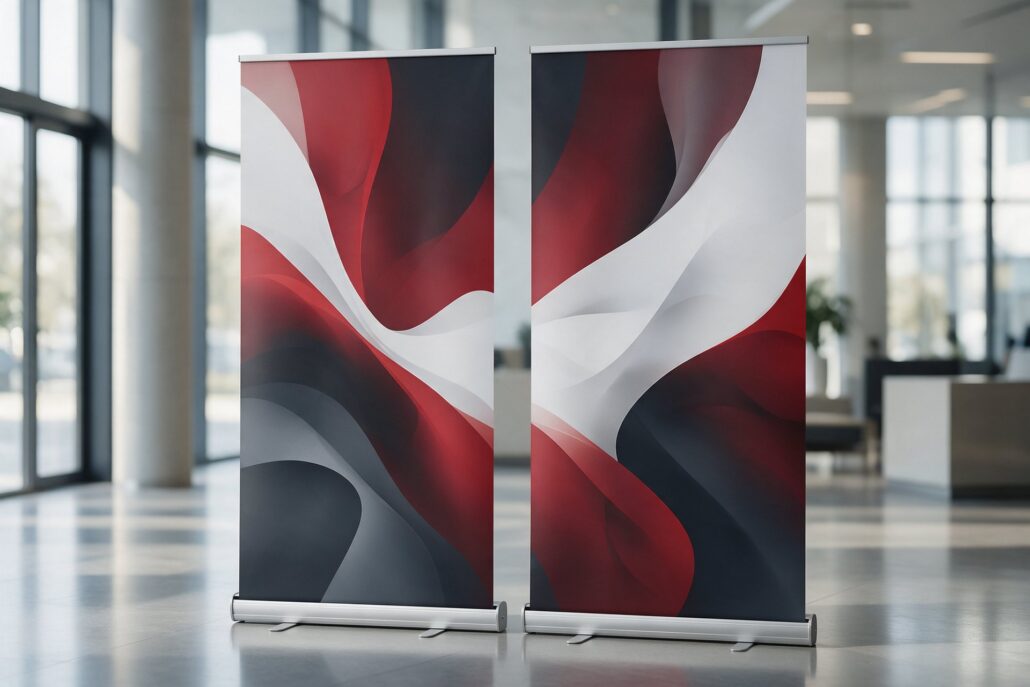 Roll-ups: zwei bedruckte Roll-up-Displays mit abstrakter Grafik in einem Foyer