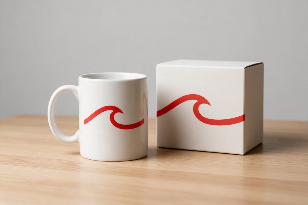 Werbeartikel: bedruckte Tasse mit passender Geschenkverpackung