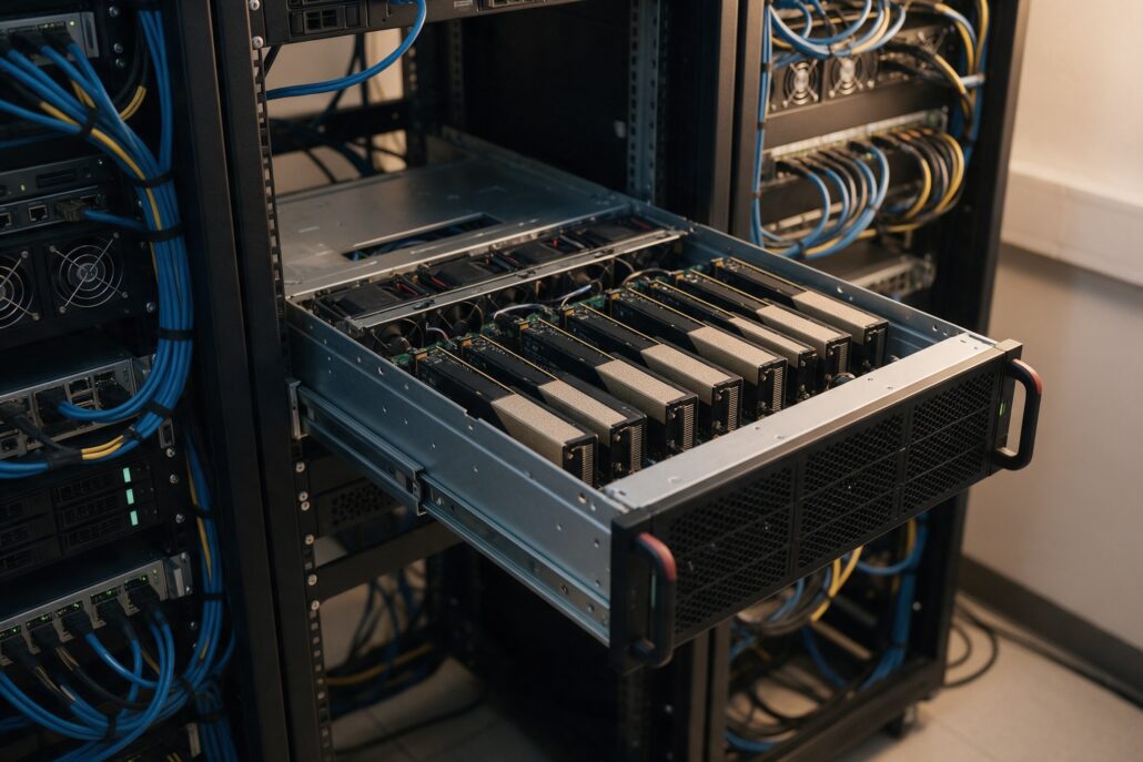 Ausgezogener GPU-Server mit acht Beschleunigerkarten im Serverschrank
