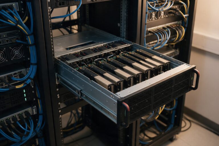 Ausgezogener GPU-Server mit acht Beschleunigerkarten im Serverschrank