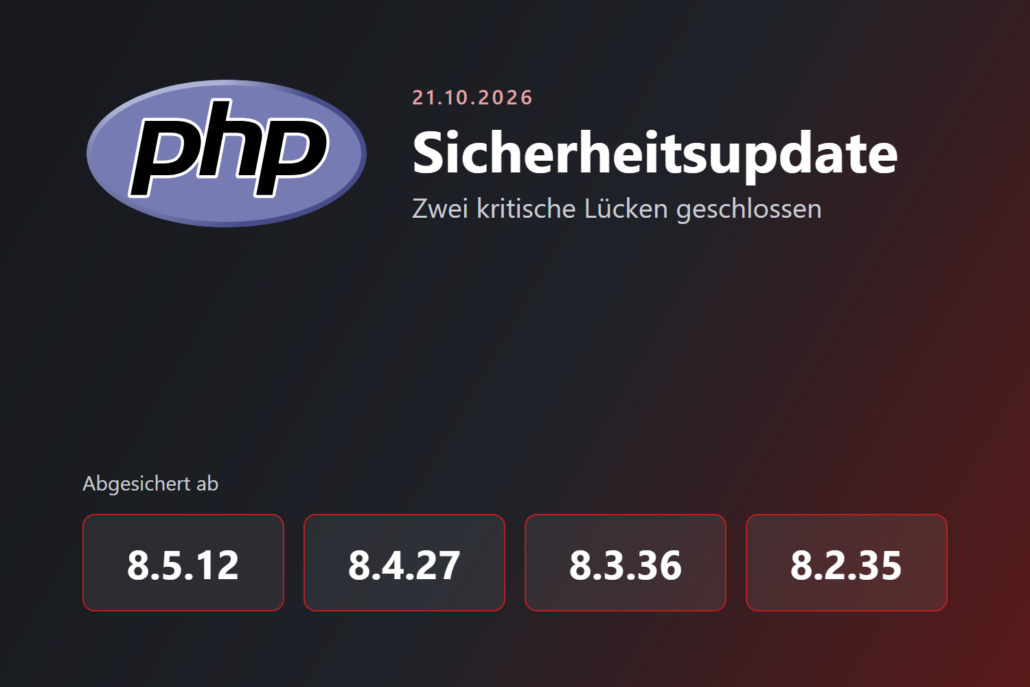 PHP-Logo mit den abgesicherten Versionen 8.5.12, 8.4.27, 8.3.36 und 8.2.35