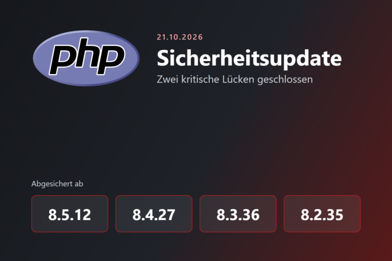 PHP-Logo mit den abgesicherten Versionen 8.5.12, 8.4.27, 8.3.36 und 8.2.35
