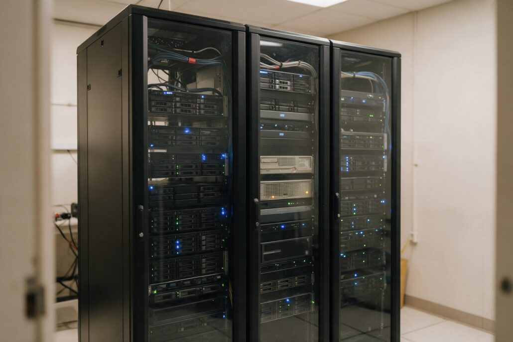 Kleiner Serverraum mit drei Serverschränken, darin ein älterer Server mit gelber Warnleuchte