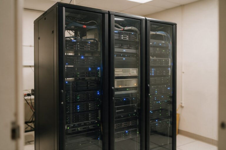Kleiner Serverraum mit drei Serverschränken, darin ein älterer Server mit gelber Warnleuchte