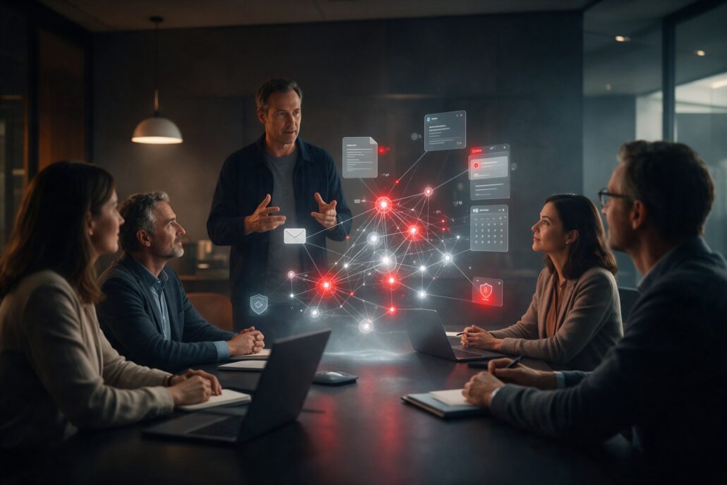 KI-Einführung: Berater erklärt einem Team am Besprechungstisch ein Hologramm mit vernetzten KI-Assistenten