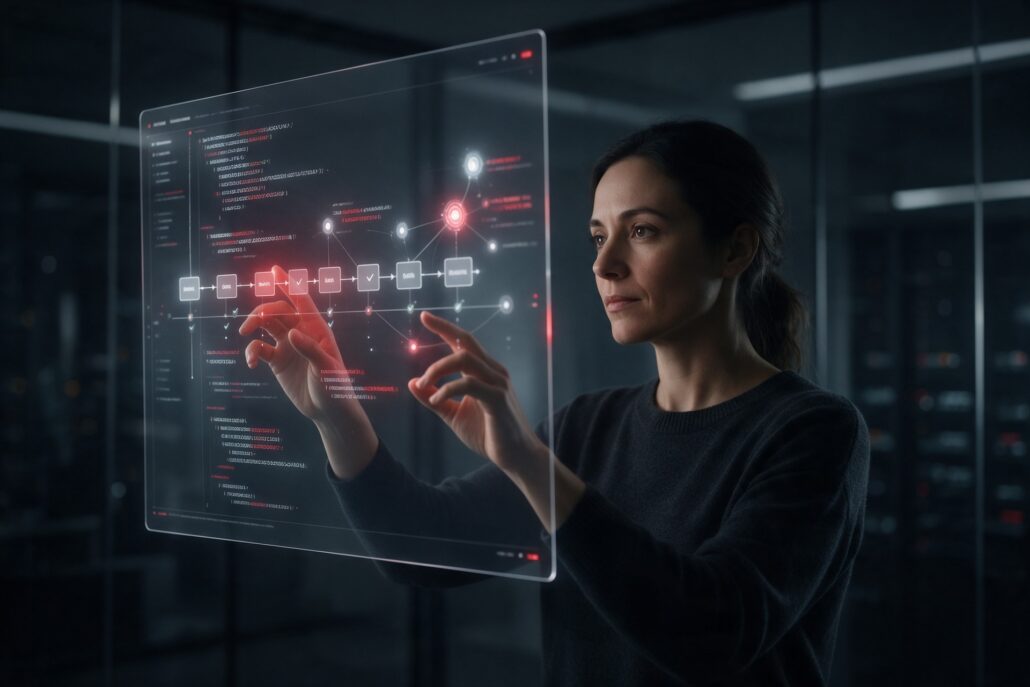KI-Entwicklungsplattform: Entwicklerin steuert eine holografische Oberfläche mit Code, Pipeline und KI-Agenten