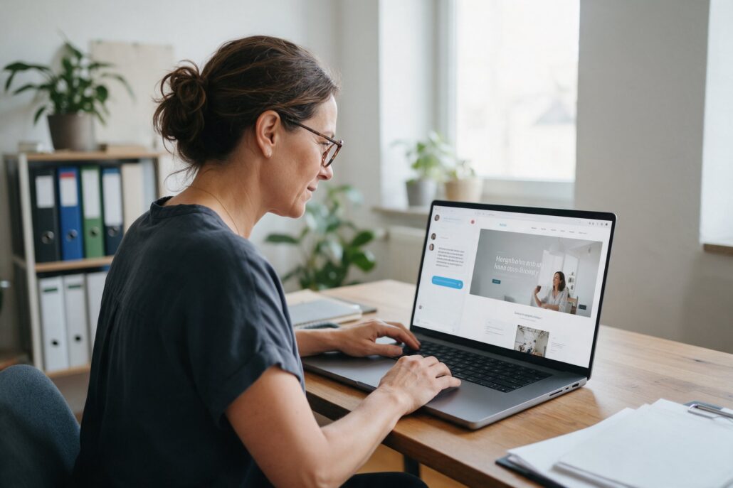 KI-Website-Workflow: Unternehmerin ändert ihre Website am Laptop per Chat, daneben die Vorschau der Seite