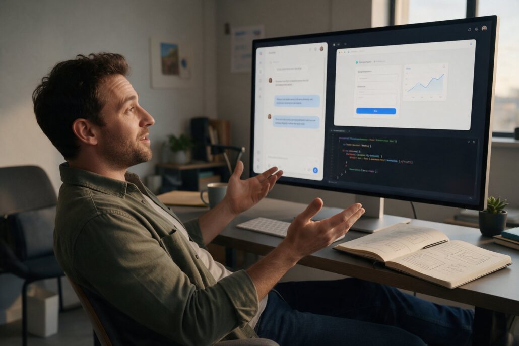 Vibe-Coding: Entwickler beschreibt einer KI seine Idee, auf dem Monitor entstehen Chat, App-Vorschau und Code