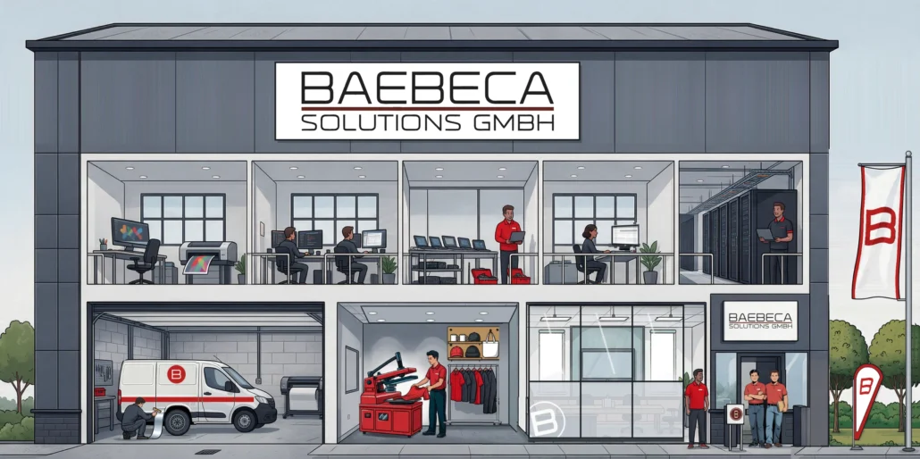 Illustration des Baebeca-Firmengebäudes im Querschnitt mit Werkstatt, Textildruck, Büros und Rechenzentrum