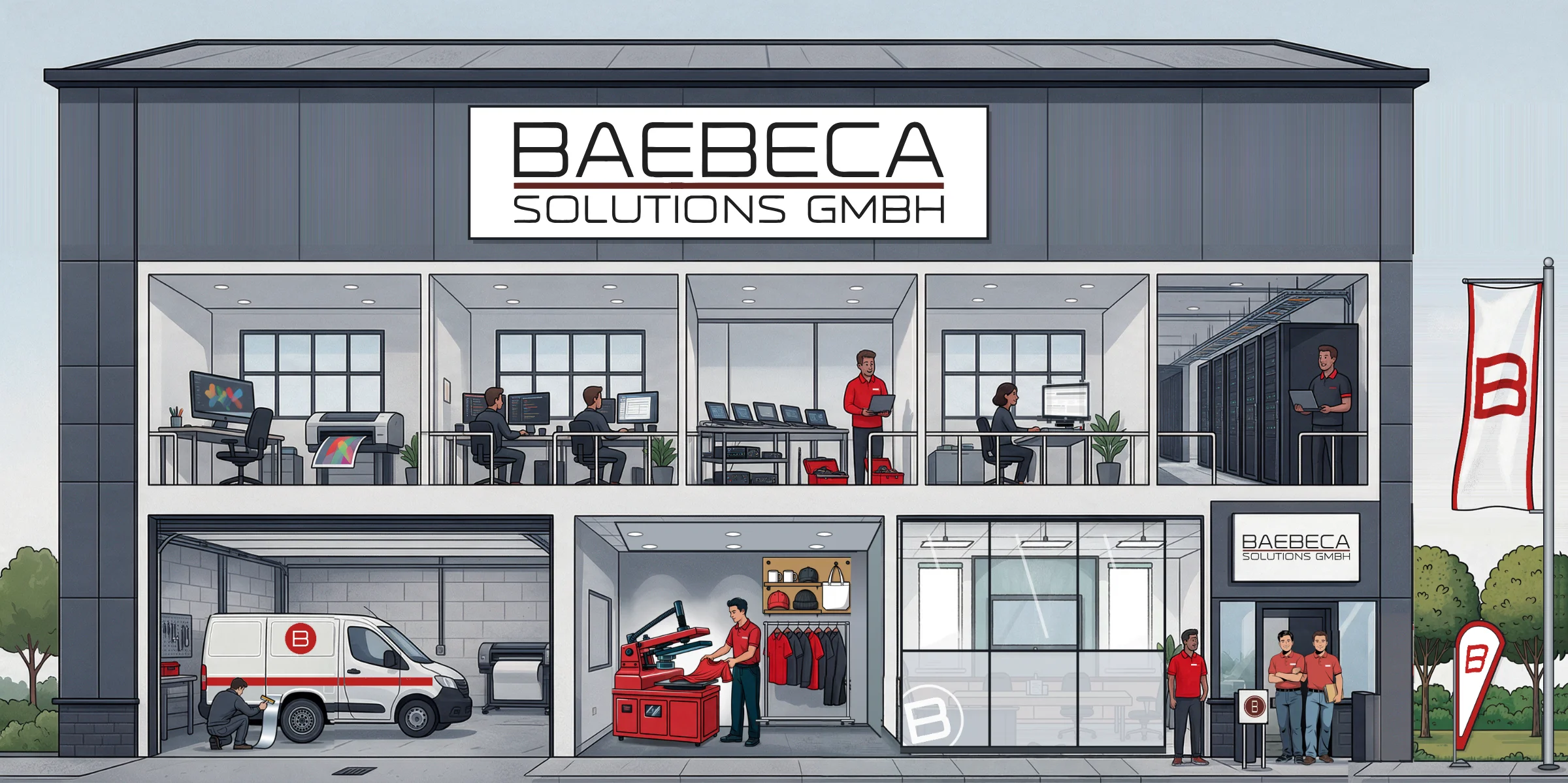 Illustration des Baebeca-Firmengebäudes im Querschnitt mit Werkstatt, Textildruck, Büros und Rechenzentrum